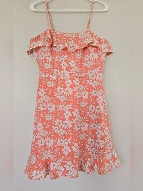Coral Pink Floral Midi Sundress with Ruffle Neckline